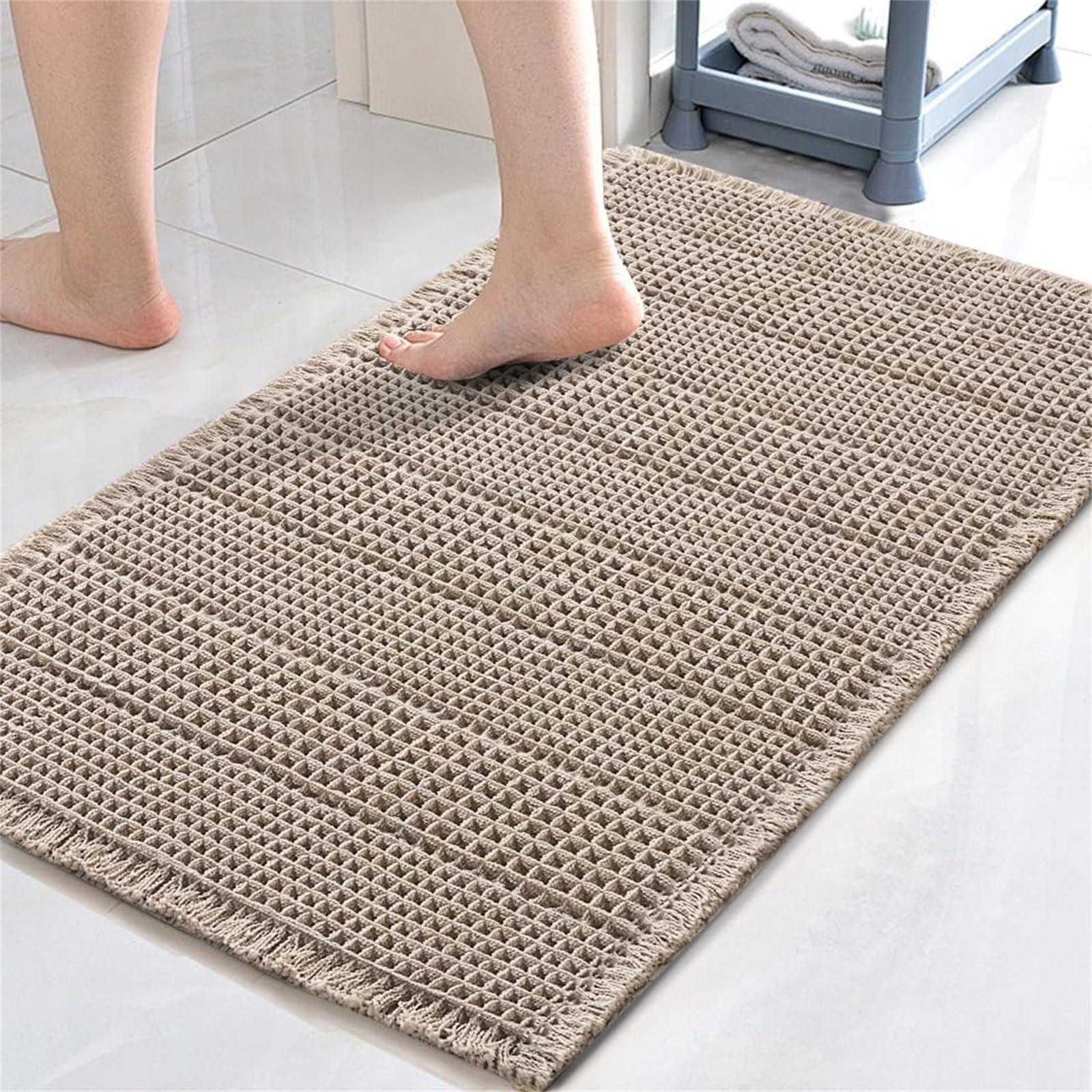 LINGKY Bath Mat Non Slip Anti Mould 50x80 cm - Khaki Waffle Bathroom Mat Extra Soft & Comfortable Bathmat Machine Washable Super Water Absorption Shower Mat