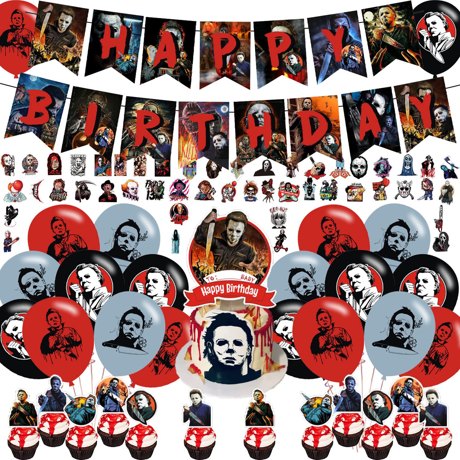 Photo 1 of Horror Movie Have A Killer Party Decorations,Birthday Party Supplies For Thriller Killer Role Michael Myers Party Supplies Includes Banner - Cake Topper - 12 Cupcake Toppers - 18 Balloons -50 Stickers