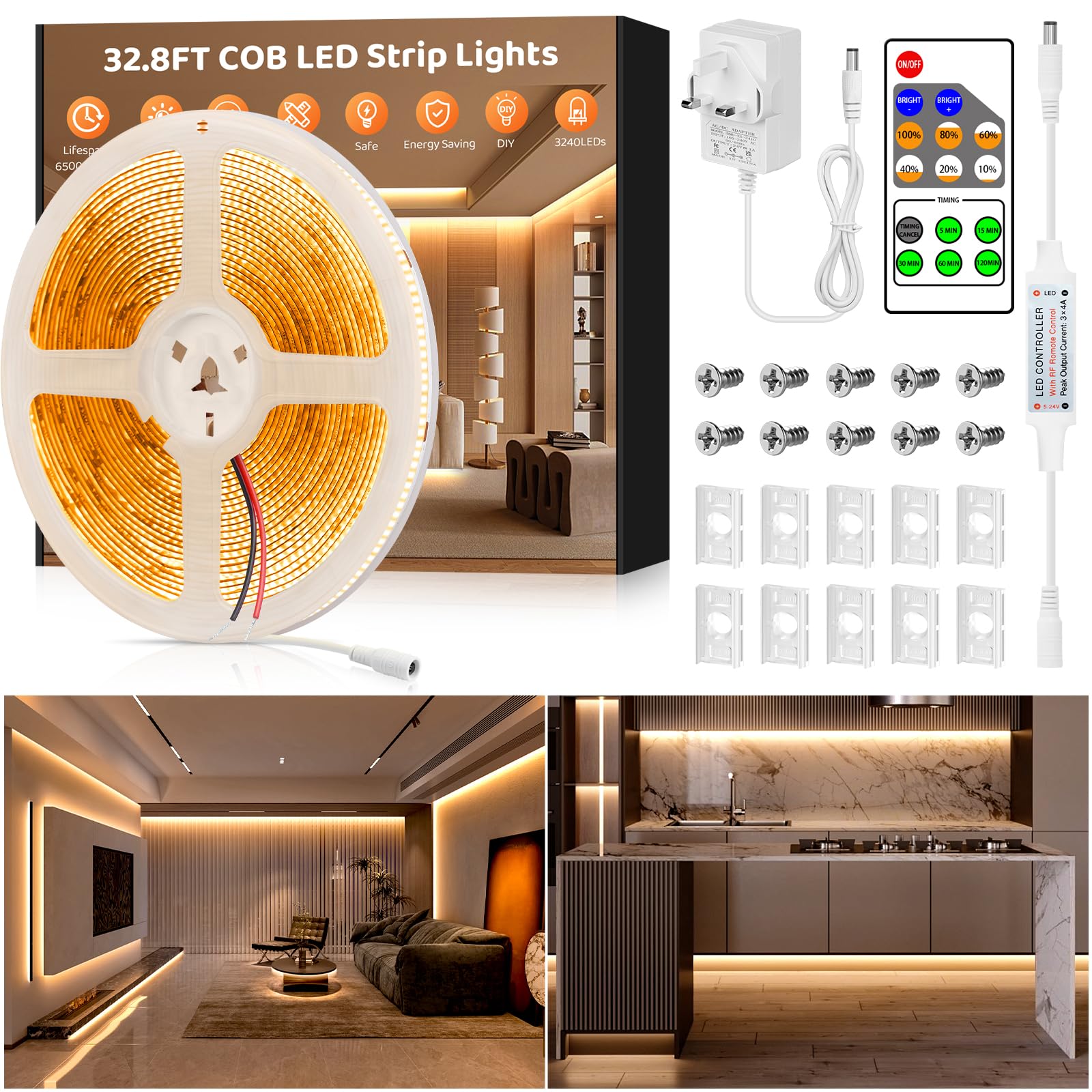 COB LED Strip Light 32.8ft/10M, Flexible CRI 90+ Warm White 2700K High Lumen Dimmable Super Bright DC 24V LED Tape Light with Remote for Under Cabinet Bedroom Kitchen Office DIY Lighting Projects