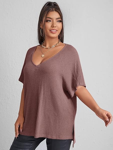SOLY HUX WOMEN’S PLUS SIZE V NECK SHORT SLEEVE TEE SPLIT HEM WAFFLE KNIT OVERSIZED CASUAL LOOSE SUMMER BASIC T SHIRT TOPS DUSTY PINK