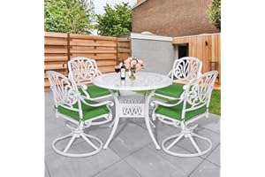 W WARMHOL 5 Piece Patio Dining Set, Outdoor Table and Chairs Set for 4 Cushioned Swivel Rocking Chairs and 35.4'' Round Table, All-Weather Cast Aluminum Patio Funiture Set, 2'' Umbrella Hole, White