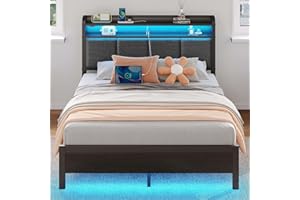Rolanstar Bed Frame Full Size with Charging Station and LED Lights, Upholstered Headboard with Storage Shelves, Heavy Duty Metal Slats, No Box Spring Need, Noise Free, Easy Assembly, Dark Grey