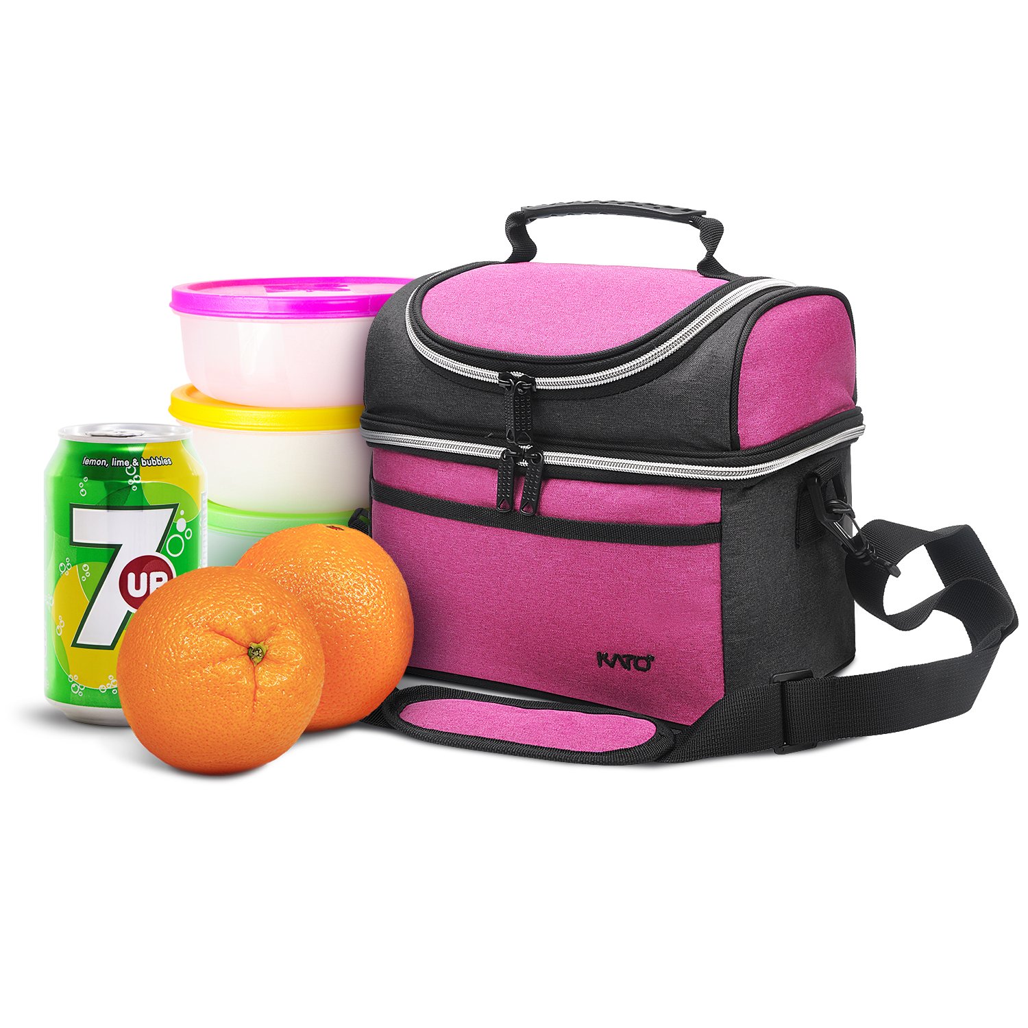 Kato Insulated Lunch Bag, Leakproof Thermal Bento Cooler Tote for Women, Dual Compartment with Shoulder Strap and Front Pocket, Oxford Cloth, Pink