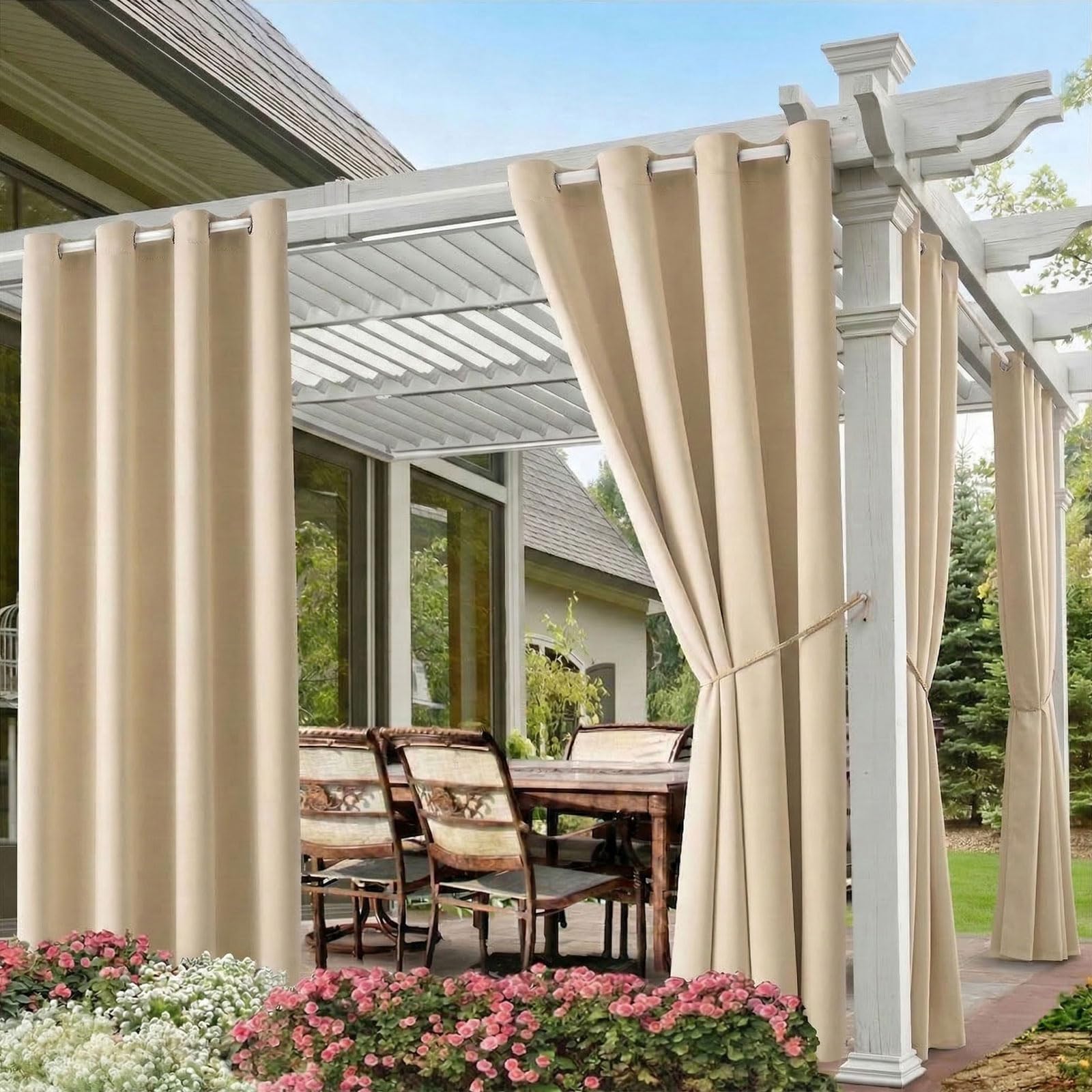 Water Proof Outside Curtains with Grommet Top for Porch, W52 x L120 Thermal Insulated Washable Light Block Outdoor Divider Drapes for Patio Gazebo Deck Pool Area Pergola Cabana (Beige, 2 Panels)