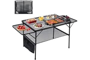 MEXMIODY 4.4FT Folding Grill Table, Portable Camping Table with Extension Board, Height Adjustable Metal Table with Mesh Desktop, Lightweight Outdoor Grill Table for Camping, Picnic, Beach and BBQ