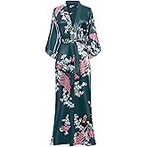 BABEYOND Women's Kimono Robe Long Satin Robes with Peacock and Blossoms Printed Kimono Nightgown