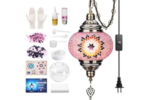 BOHMR DIY Turkish Mosaic Lamp Kit, 7.2"D Plug-in Stained Glass Pendant Hanging Lamp Making Kit with 15ft Cord-No Skills Neede