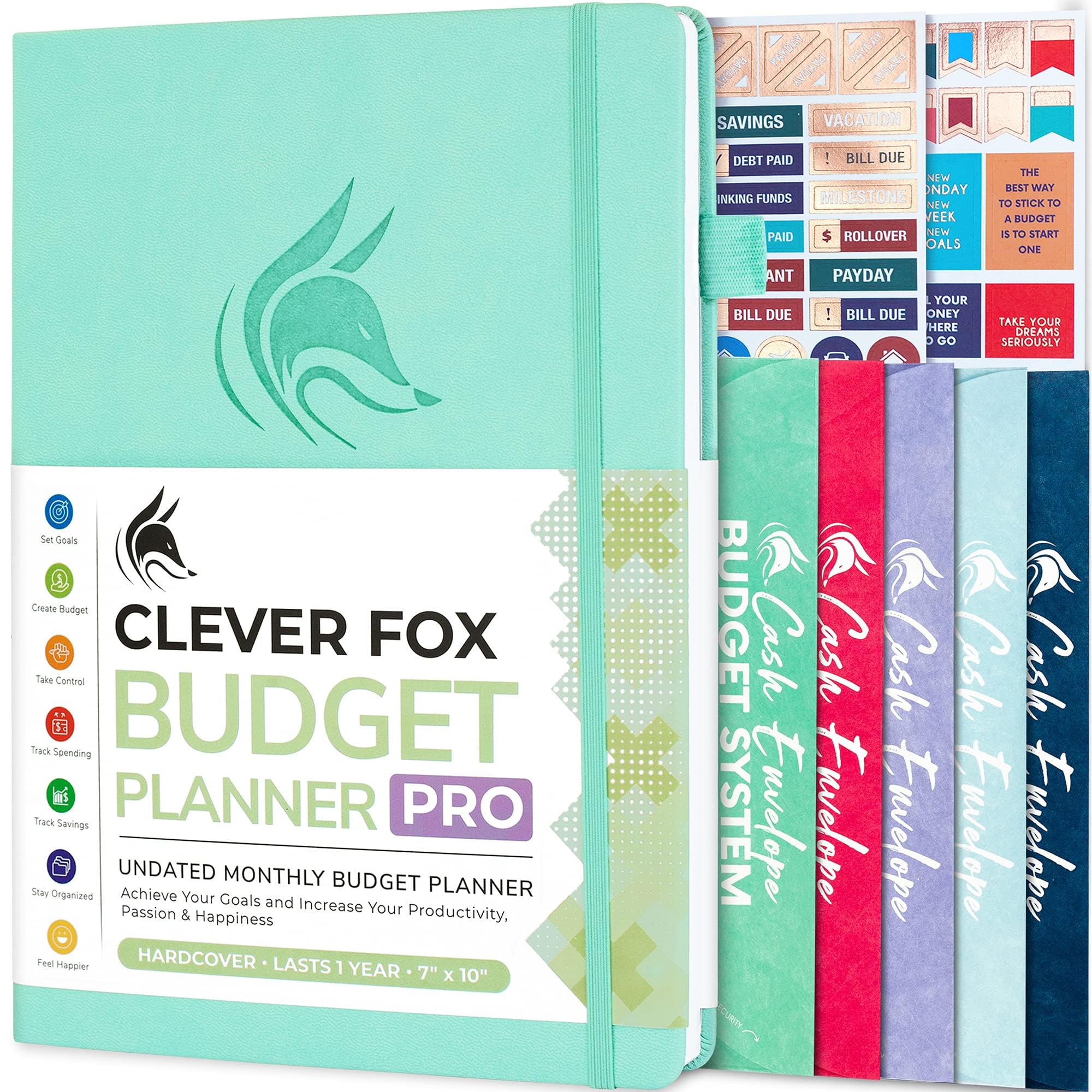 Clever Fox Budget Planner PRO - Financial Organizer + Cash Envelopes. Monthly Finance Journal, Expense Tracker & Personal Account Book, Undated, 18 x 25.5cm - Mint Green