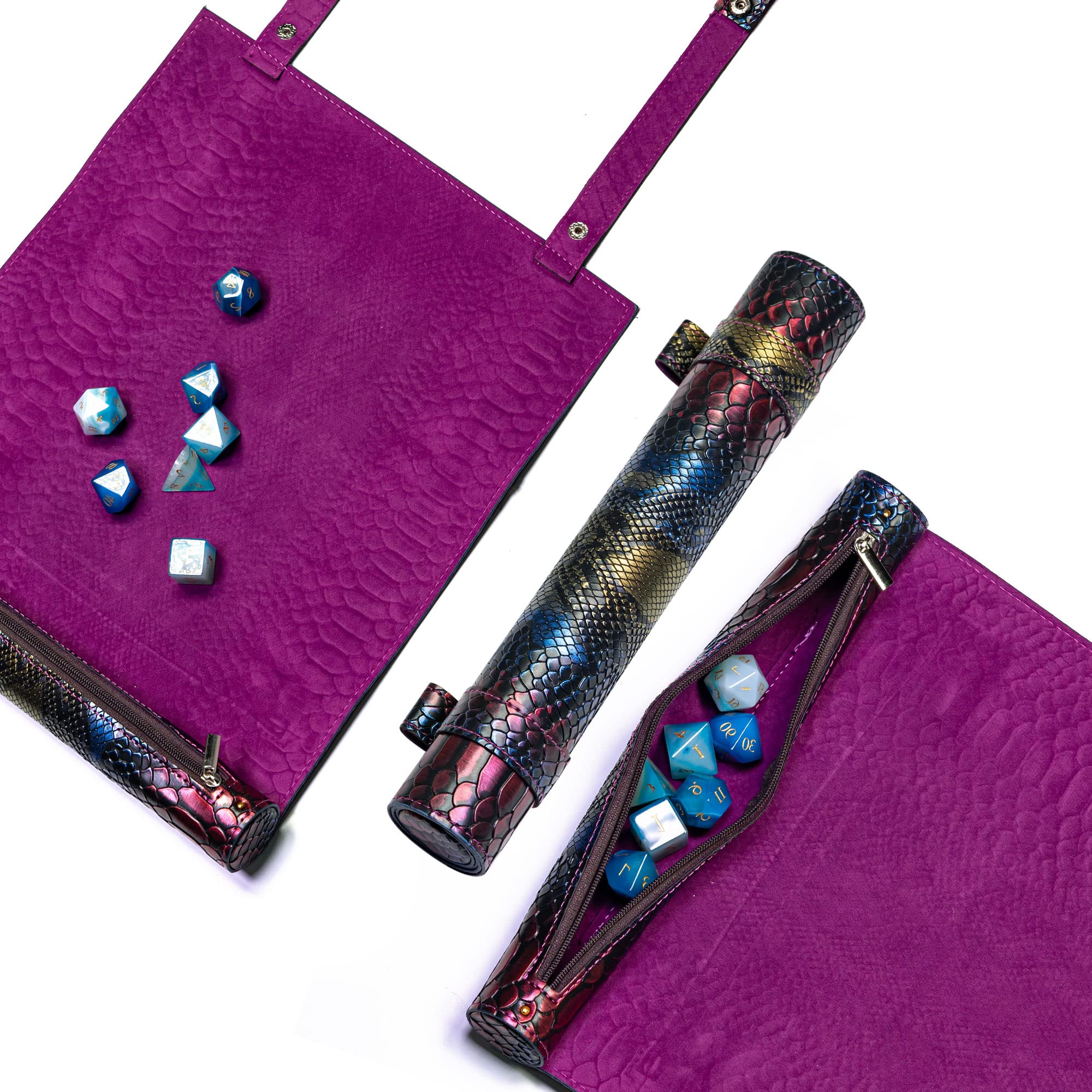 Cusdie 2 in 1 Rolling Mat & Zippered Dice Holder Tray - Compatible with DND Polyhedral Dungeons and Dragon (Colorful Dragon Scale)