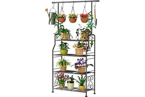 GIOTORENT Plant Stand Indoor Outdoor, 4-Tier Heavy Duty Metal Shelves, Display up to 17 Multiple Plants, Tall Plant Holder with Plant Hanger, Suit for Patio Living Room Garden Balcony, 5 Hooks, Black