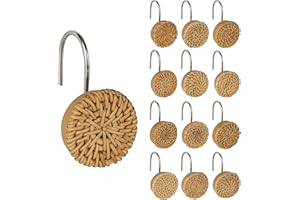 Sunlit Boho Decorative Shower Curtain Hooks, Woven Wicker Ratten Shower Curtain Rings for Bathroom, Farmhouse Shower Curtain 