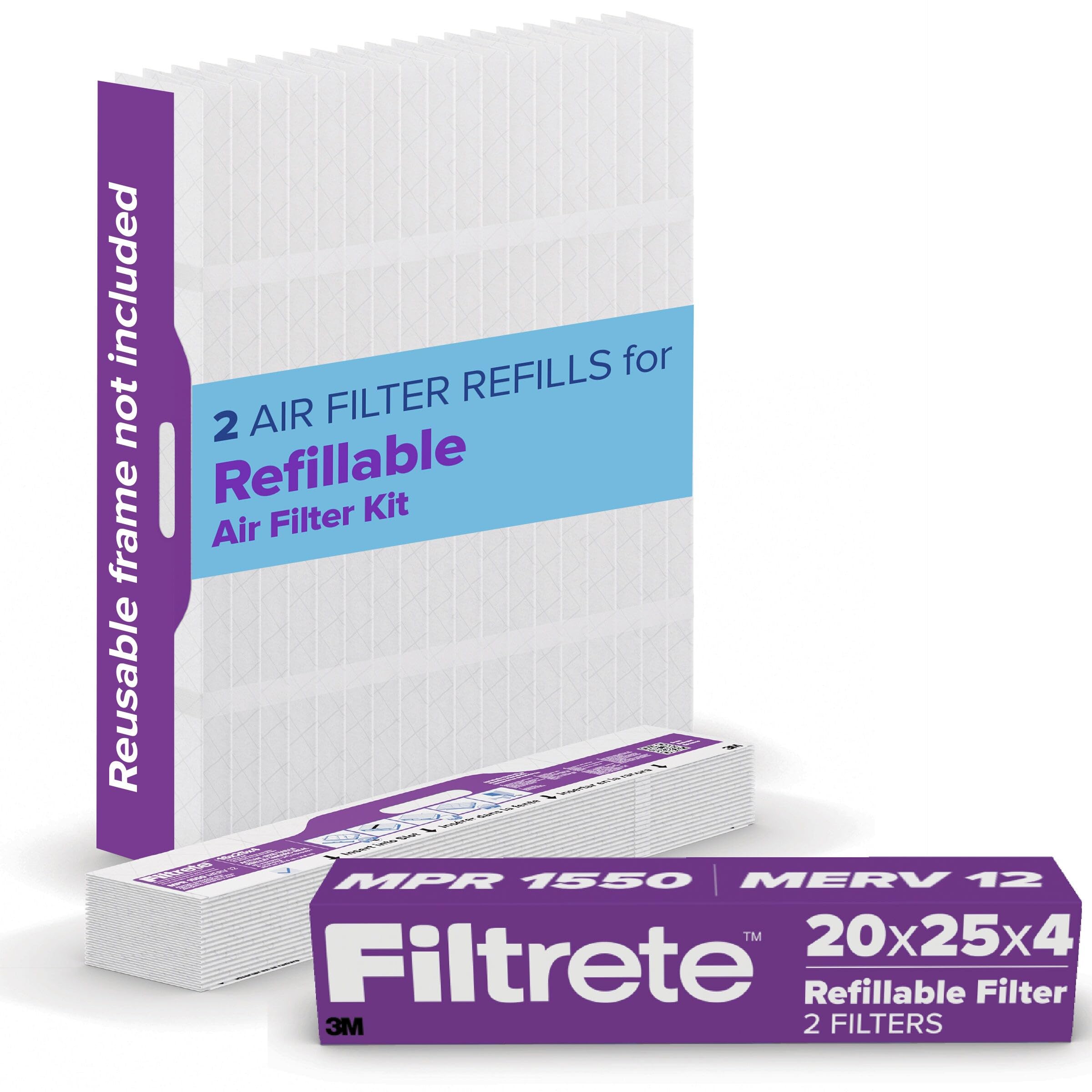 Filtrete 20x25x4 Refillable Air Filter replacement, MPR 1550, MERV 12, Allergen Bacteria & Virus, 2 Pack, use with reusable air filter frame of Filtrete Refillable Air Filter Kit, for HVAC, Furnace