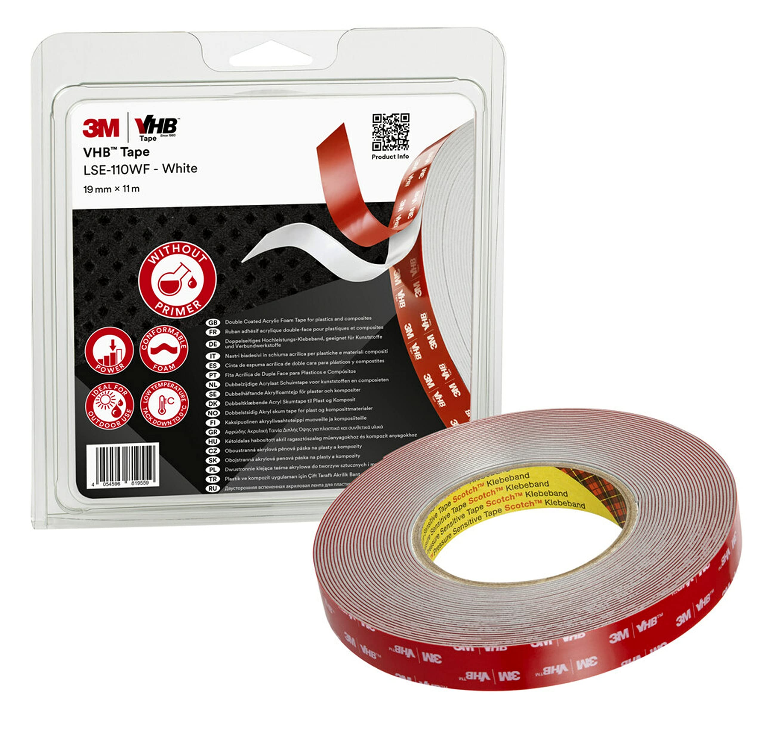 3M VHB LSE-110WF Double Sided Adhesive Tape Power Provides adhesion to plastics such as Polypropylen, TPO, TPE and composite materials without primer, 19 mm x 11 m, Thickness 1.1 mm, White (1 Roll)