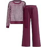 ANRABESS Womens 2 Piece Outfits Crochet Sheer Knit Sweater Top Wide Leg Pants Lounge Set Sweatsuit 2026 Spring Travel Clothes