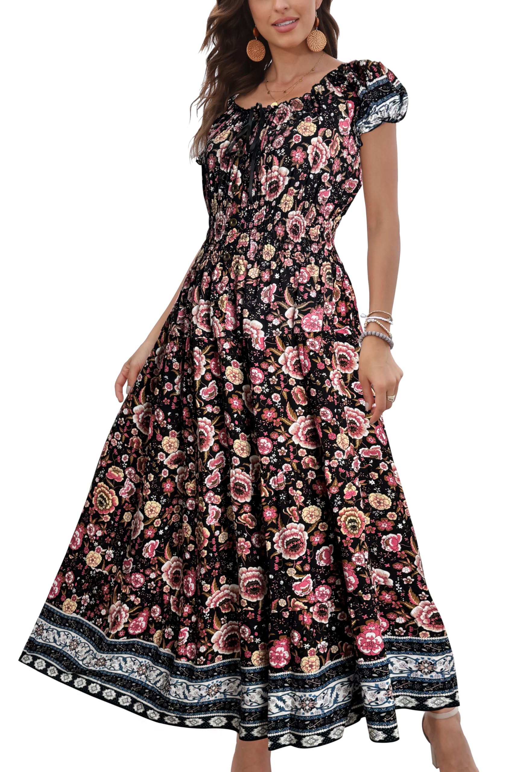 Photo 1 of (MED/SMALL) OSTOO Women's 2025 Summer Short Sleeves Boho Floral Print Tiered Casual Flowy Long Maxi Dress(Black,S)