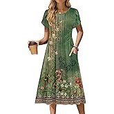 Zeagoo Women Summer Short Sleeve Midi Dress with Pockets Casual Aline Flowy Tshirt Dress Floral Vocation Beach Sundress