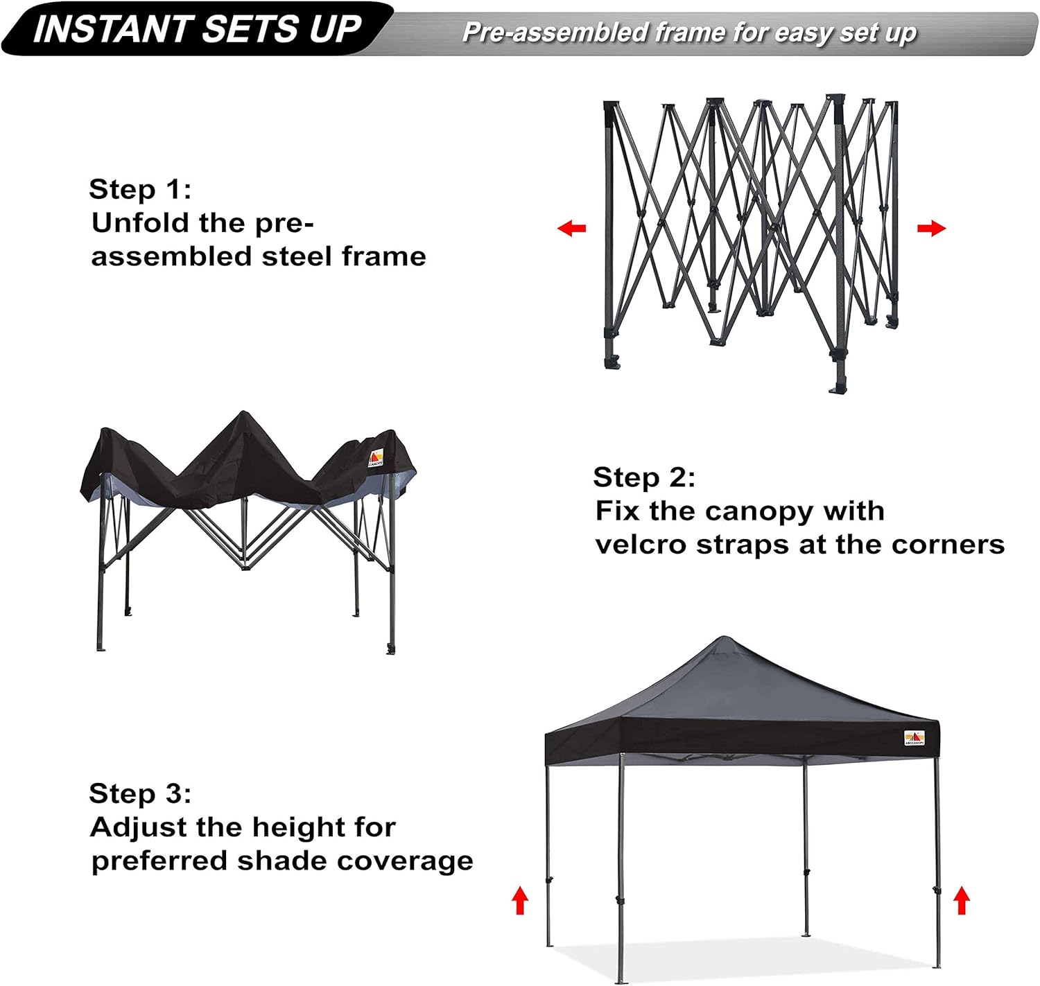ABCCANOPY 2.5x2.5M Heavy Duty Pop Up Gazebo With Upgraded Roller Bag, 4 Weight Bags, Stakes and Ropes (Black) - Image 3