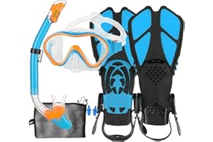 HH HHAO SPORT Kids Mask Fins Snorkel Set Snorkeling Packages, with Diving Mask, Snorkel, Adjustable Swim Fins, Mesh Bag, Anti-Fog Anti-Leak Snorkeling Gear for Kids for Snorkeling Swimming Diving