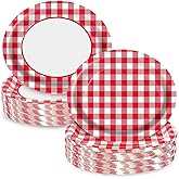 EggSun Red Gingham Oval Paper Plates 10" x 12",Large Disposable Heavy Duty Paper Plates Red and White Buffalo Checked Plaid for Birthday Wedding Bridal Baby Shower Christmas Party Supplies,50 Guests