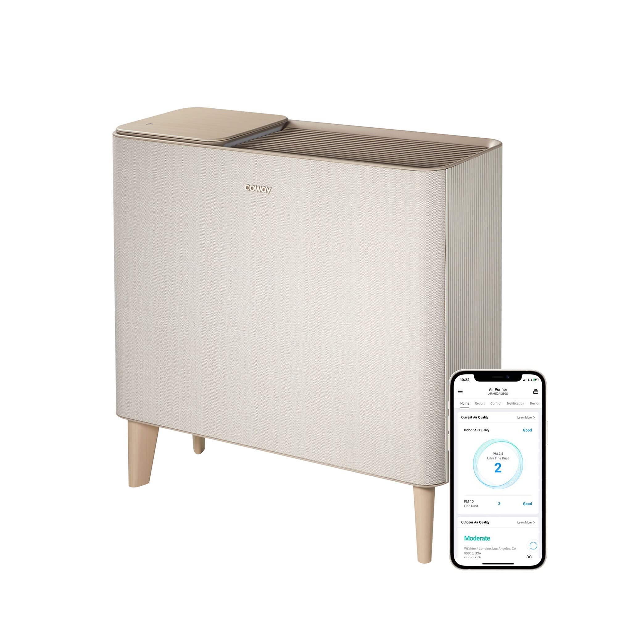COWAY Air Purifiers for Home Up to 1,298ft², Washable Pre-Filter and True HEPA Filter for Smoke, Allergies, Pet Dander, Odor, AQI, App Control, Smart Mode, Wireless Charger, Timer, 5yr Warranty, IconS