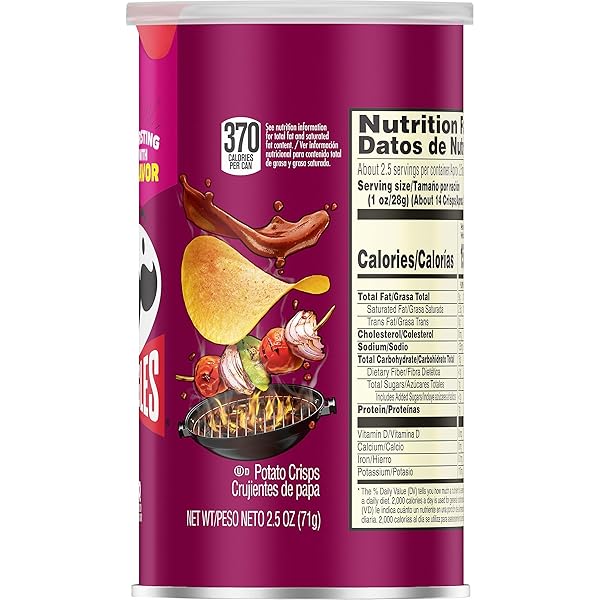 PRINGLES POTATO CRISPS CHIPS, LUNCH SNACKS, OFFICE AND KIDS SNACKS, GRAB N’ GO SNACK PACK, BBQ, 2.5OZ CAN (1 CAN)