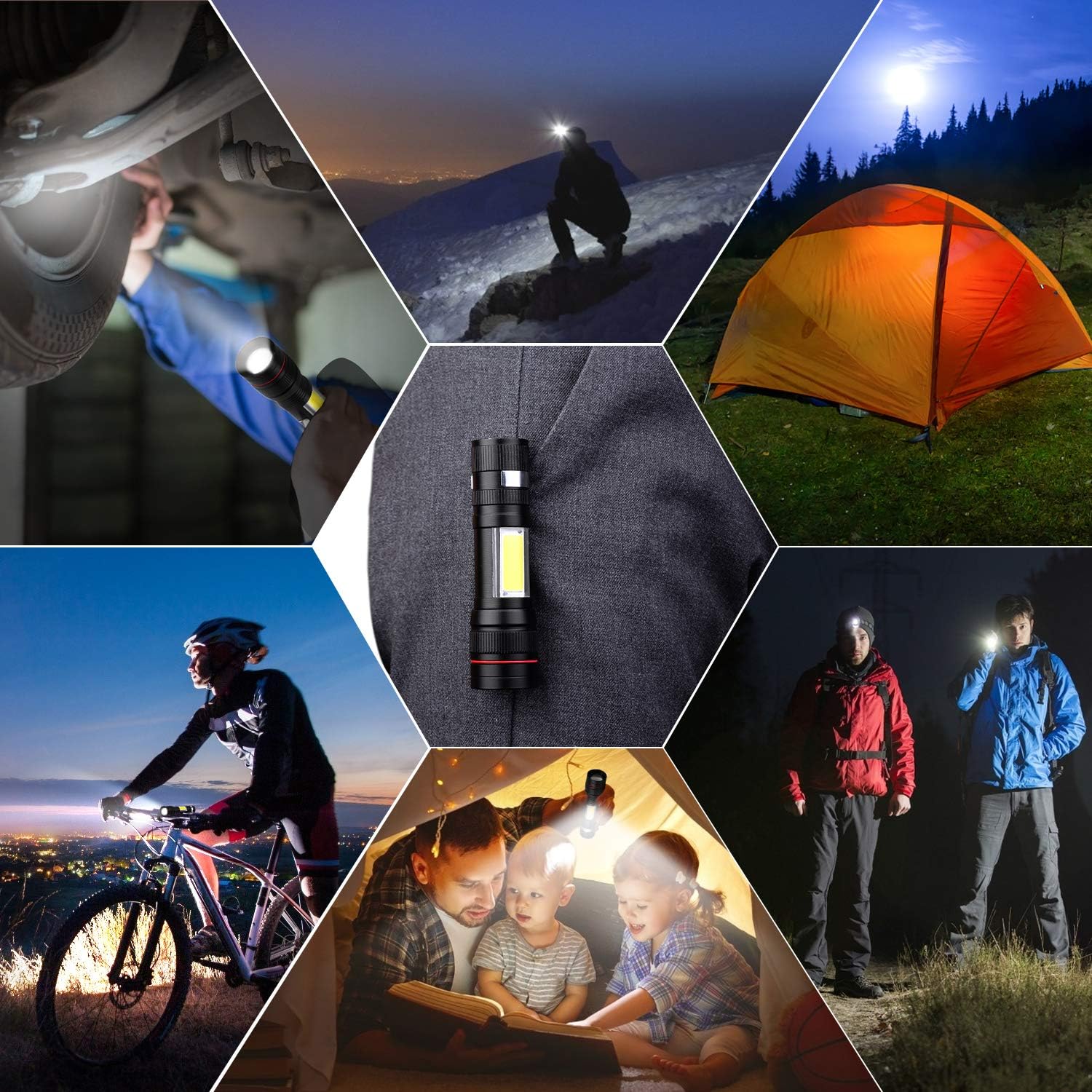 Rechargeable LED Flashlight T6 with Cob Sidelight, CoaTaco High Lumens Super Bright Mini Torch Handheld Flashlight with Clip, Zoomable, Water Resistant, 3 Light Modes (2 Pack) - - 