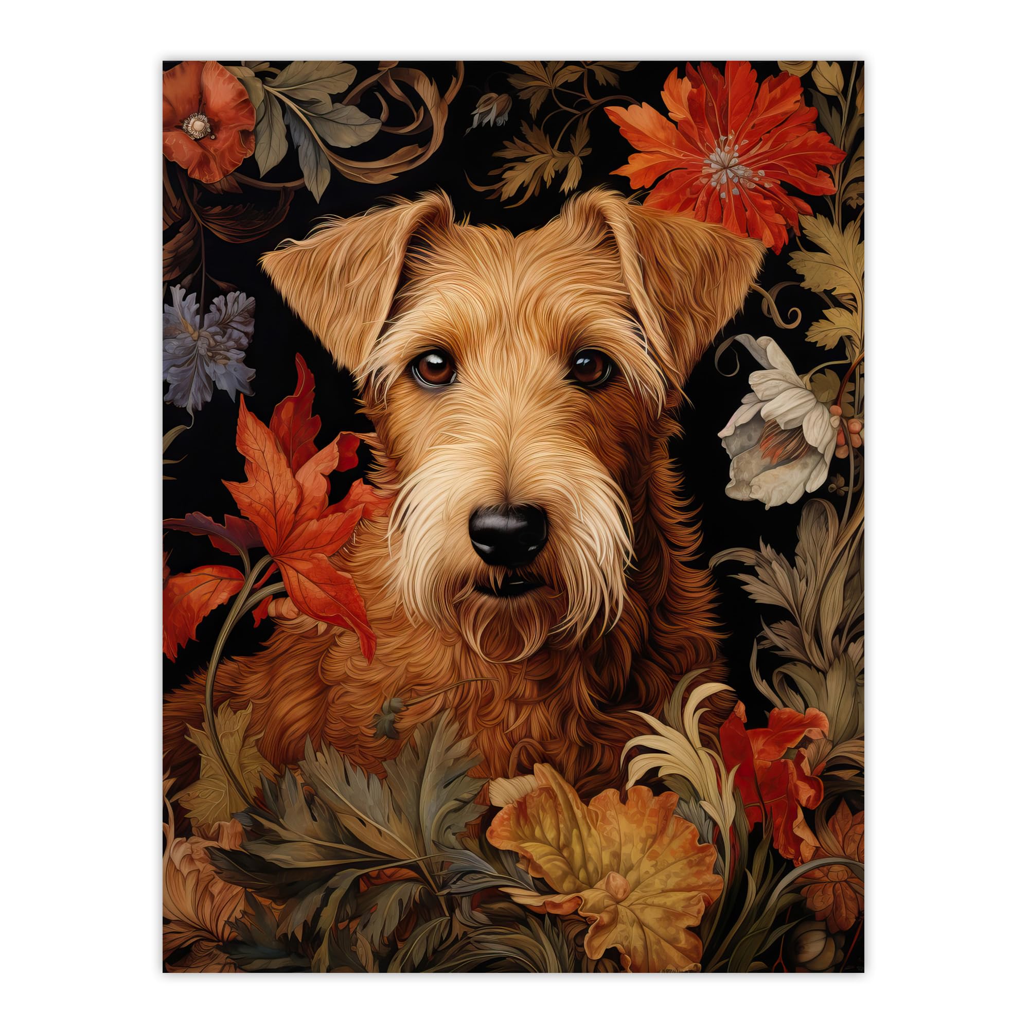 Artery8 Golden Sealyham Terrier Dog On Elegant Floral Backdrop William Morris Style Pattern Artwork Extra Large XL Wall Art Poster Print