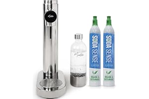 MonTen Soda - Polished Steel Sparkling Water Maker - Includes 2 x 60L Soda Sense CO2 Cylinder & Reusable 900ML PET Bottle - Stylish - Eco-Friendly - Home Soda Maker Made with Polishing Cloth