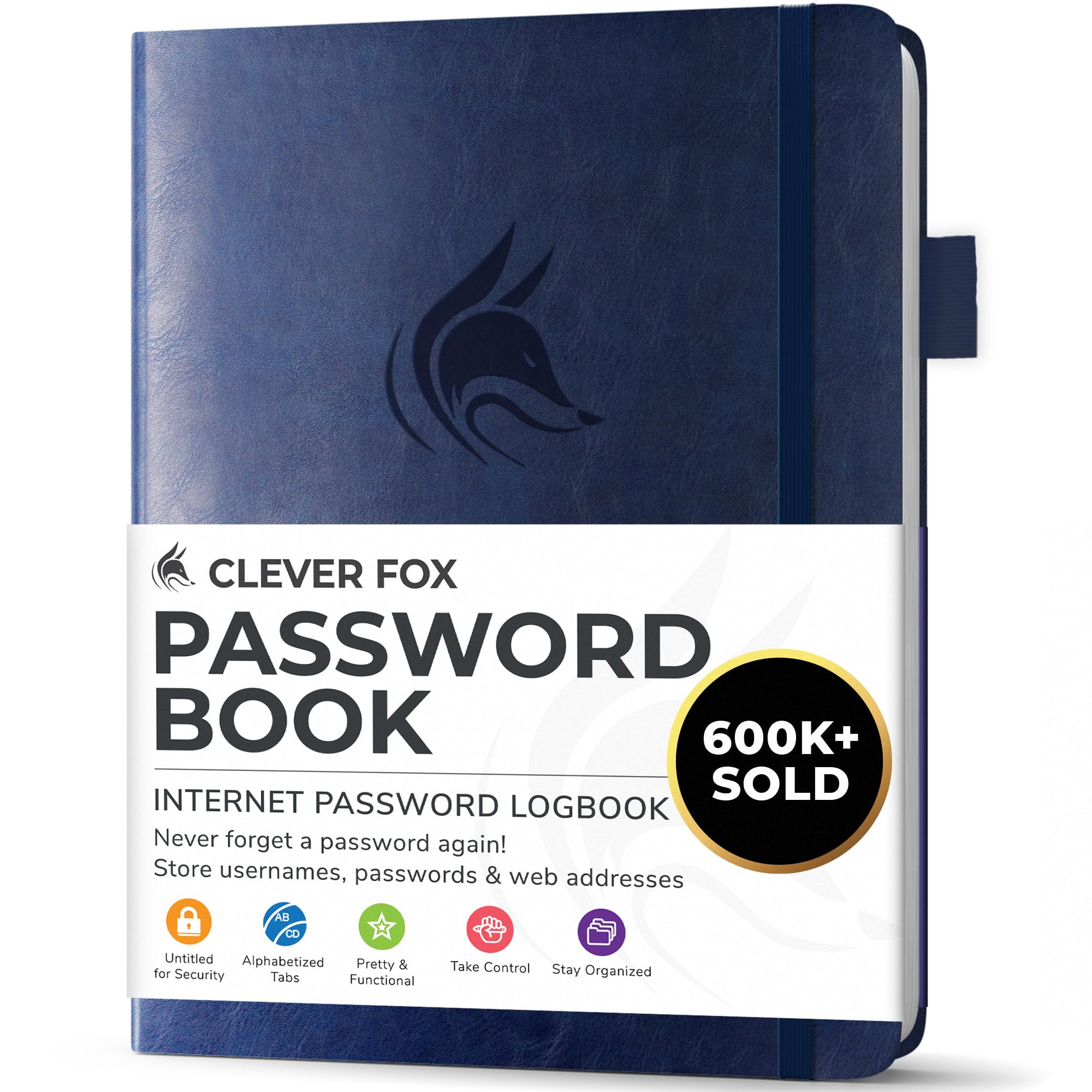 Clever Fox Password Book with alphabetical tabs. Internet Address Organizer Logbook. Small Pocket Password Keeper for Website Logins (Dark Blue)