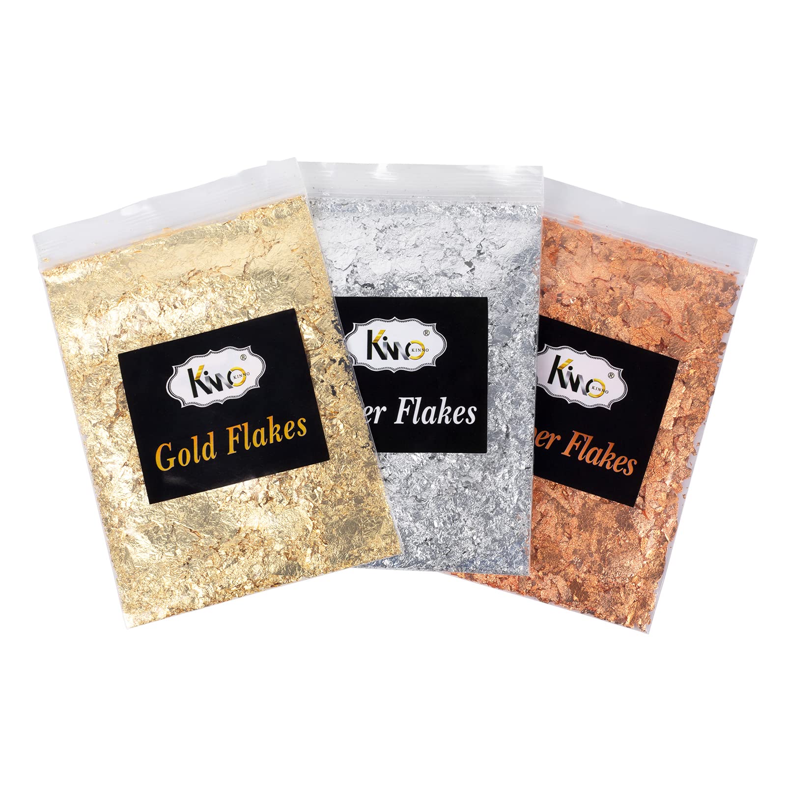 KINNO Gold Leaf Flakes, Gold Foil 3 Sets Gold Leaf for Nails, Art and Craft, Furniture, Gilding, Painting, Resin Jewelry(1g Copper Leaf Sheets + 1g Silver Leaf Sheets + 1g Rose Gold Sheets)