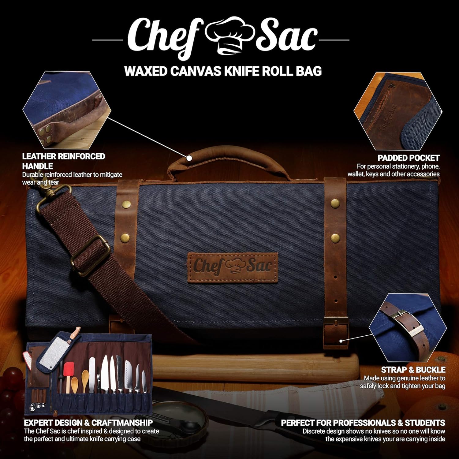 Chef Knife Bag Waxed Canvas Knife Roll Bag | 22 Pockets for Knives & Kitchen Tools | Special Slot for Cleaver | Waterproof Material | Knife Organizer | Knife Case for Chefs & Culinary Students (Blue): Kitchen & Dining