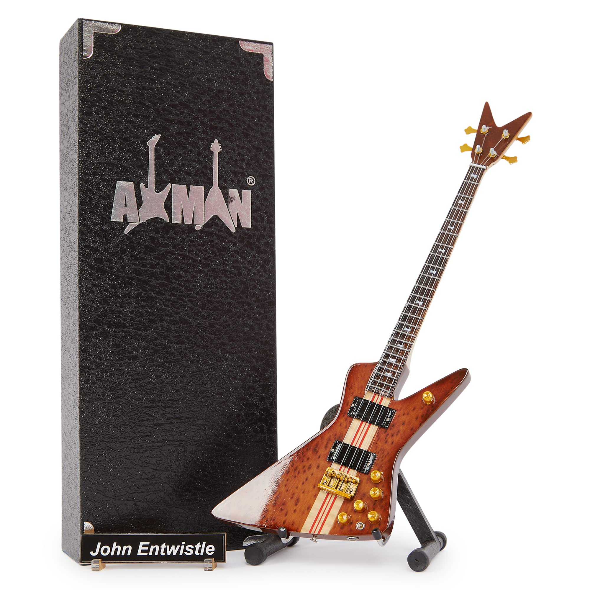 John Entwistle (The Who) Dean Spider Bass: Miniature Guitar Replica - Music Gifts - Handmade Ornamental 1/4 Scale - Includes a Display Box, Name Tag and Miniature Guitar Stand