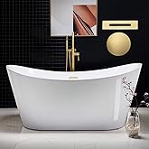 WOODBRIDGE 67" Acrylic Freestanding Bathtub Contemporary Soaking White Tub with Brushed Gold Overflow and Drain,B0010-BG