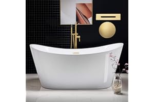 WOODBRIDGE 67" Acrylic Freestanding Bathtub Contemporary Soaking White Tub with Brushed Gold Overflow and Drain,B0010-BG