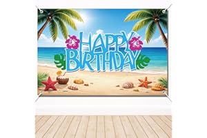 Hawaiian Happy Birthday Backdrop, Polyester Tropical Birthday Backdrop Banner Luau Summer Beach Party Decorations Favors Supp