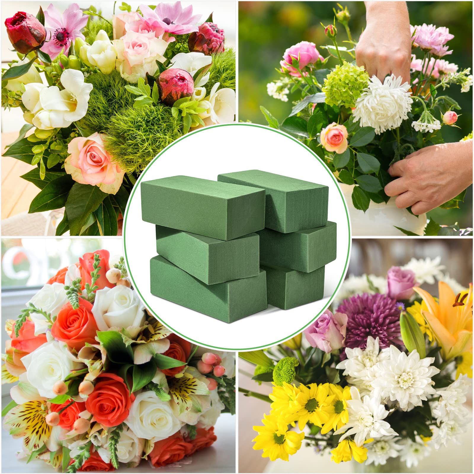 6 Pcs Floral Foam Blocks for Flower Arrangement (Larger Size 9” Lx4.3” Wx3” H) Wet and Dry Green Floral Foam for Wedding, Birthdays, Home Decorations