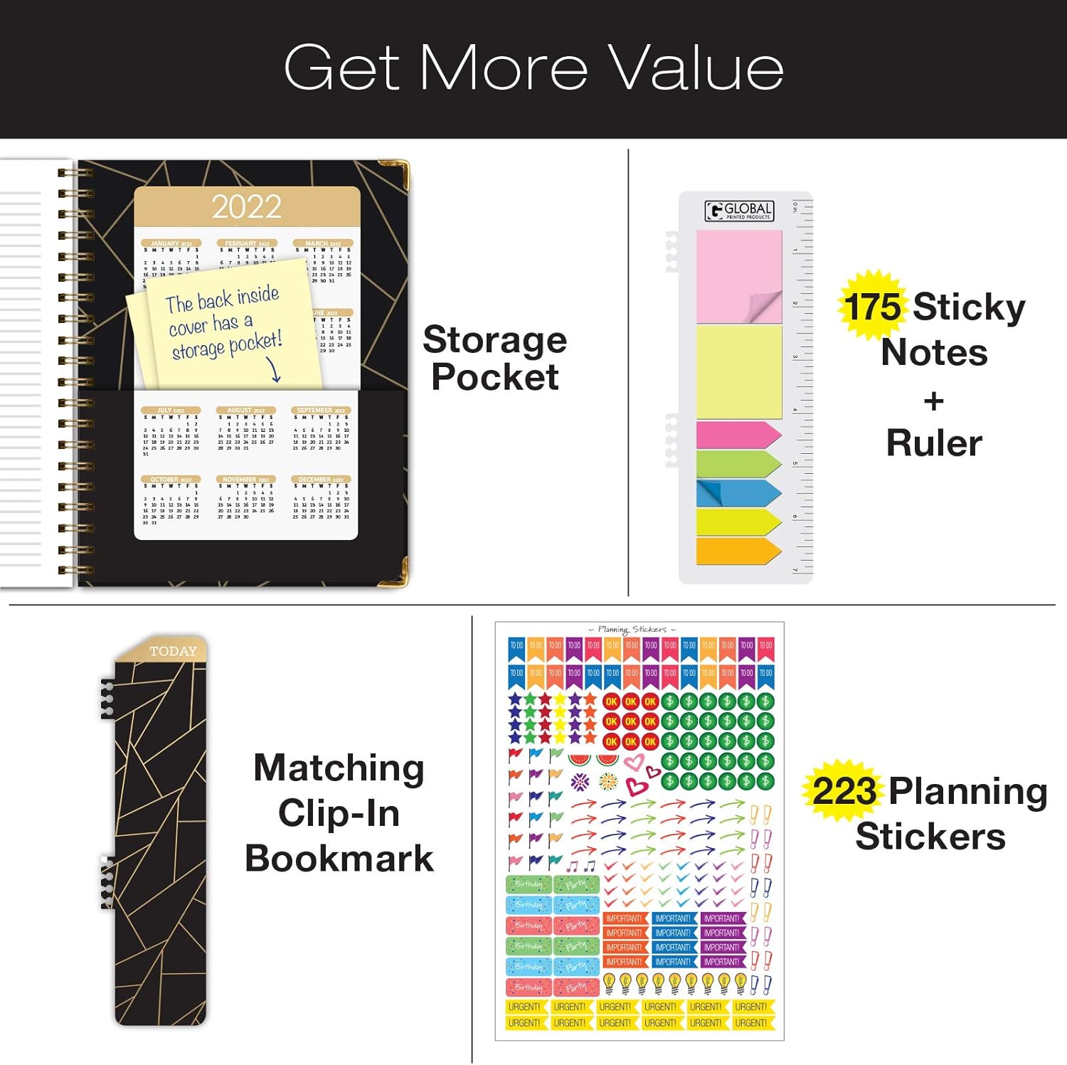 HARDCOVER Academic Year 2021-2022 Planner: (June 2021 Through July 2022) 8.5"x11" Daily Weekly Monthly Planner Yearly Agenda. Bookmark, Pocket Folder and Sticky Note Set (Black Gold Triangles) : Office Products