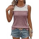 BLENCOT Women's Ribbed Knit Tank Top Lace Splicing Sleeveless Summer Casual Vest Shirt with Button Detail