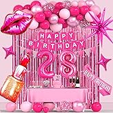 Miidenks 28th Pink Birthday Decorations, Hot Pink Party Decorations for Women, Includes Banner, Number Foil Balloon, Cake Topper, Fringe Curtain, Star Foil Balloons