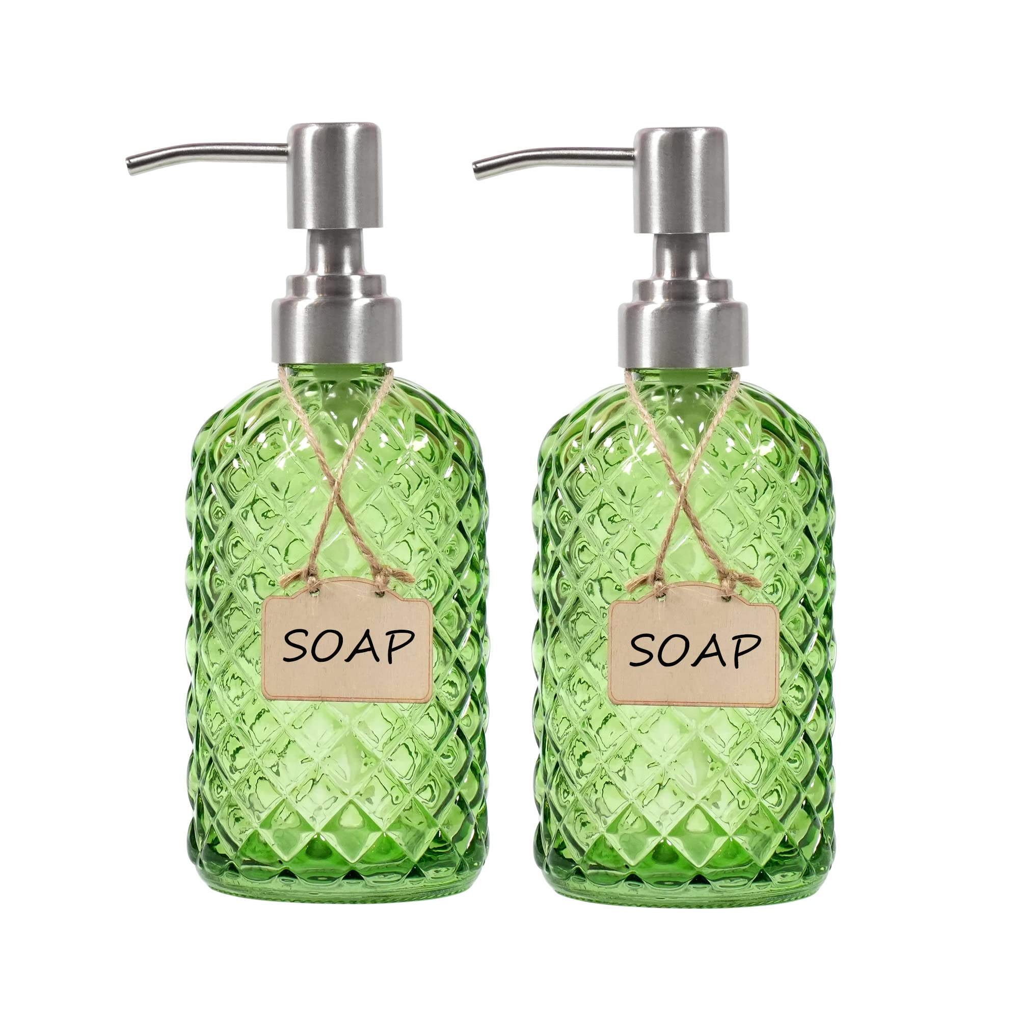 Funly mee Bathroom & Kitchen Glass Hand and Dish Soap Dispenser with 304 Rustproof Stainless Steel Pump (Green-2pack)