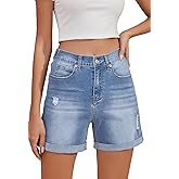 Metietila Women's Jean Shorts High Waisted Folded Hem Stretchy Denim Shorts Casual Summer Elastic Waist Shorts