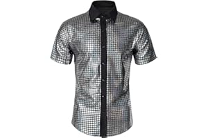BONGZUO Mens 70s Shirt Short Sleeve Sequin Button Down Top Party Disco Outfit