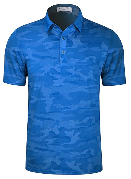 DERMINPRO MEN’S CAMOUFLAGE POLOS SHORT SLEEVE QUICK DRY COLLARED GOLF SHIRTS BLUE CAMO SMALL
