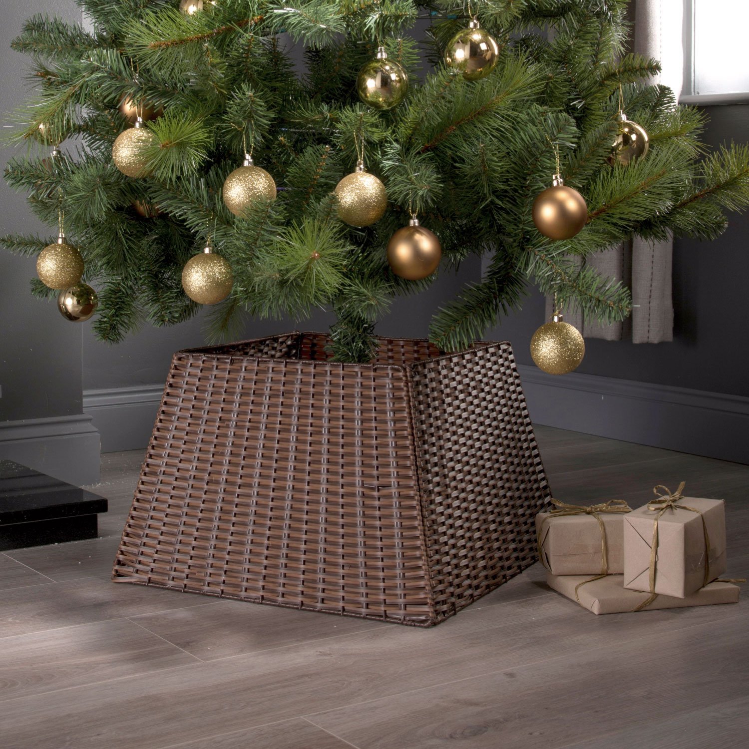 Taylor & Brown Large Xmas Christmas Tree Rattan Wicker Skirt Stand Base Natural Folding Collar Basket Cover Decoration Tidy Home Decor 45 x 33 x 30cm, Brown