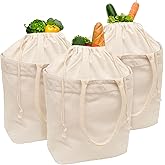 Reusable Canvas Grocery Tote Bags - Overflow Protection with Drawstring Closure - 70 lb Capacity, Heavy Duty, Double Stitched, Washable, Foldable, 100% Cotton Tote Bags to Carry Groceries (3 Bags)