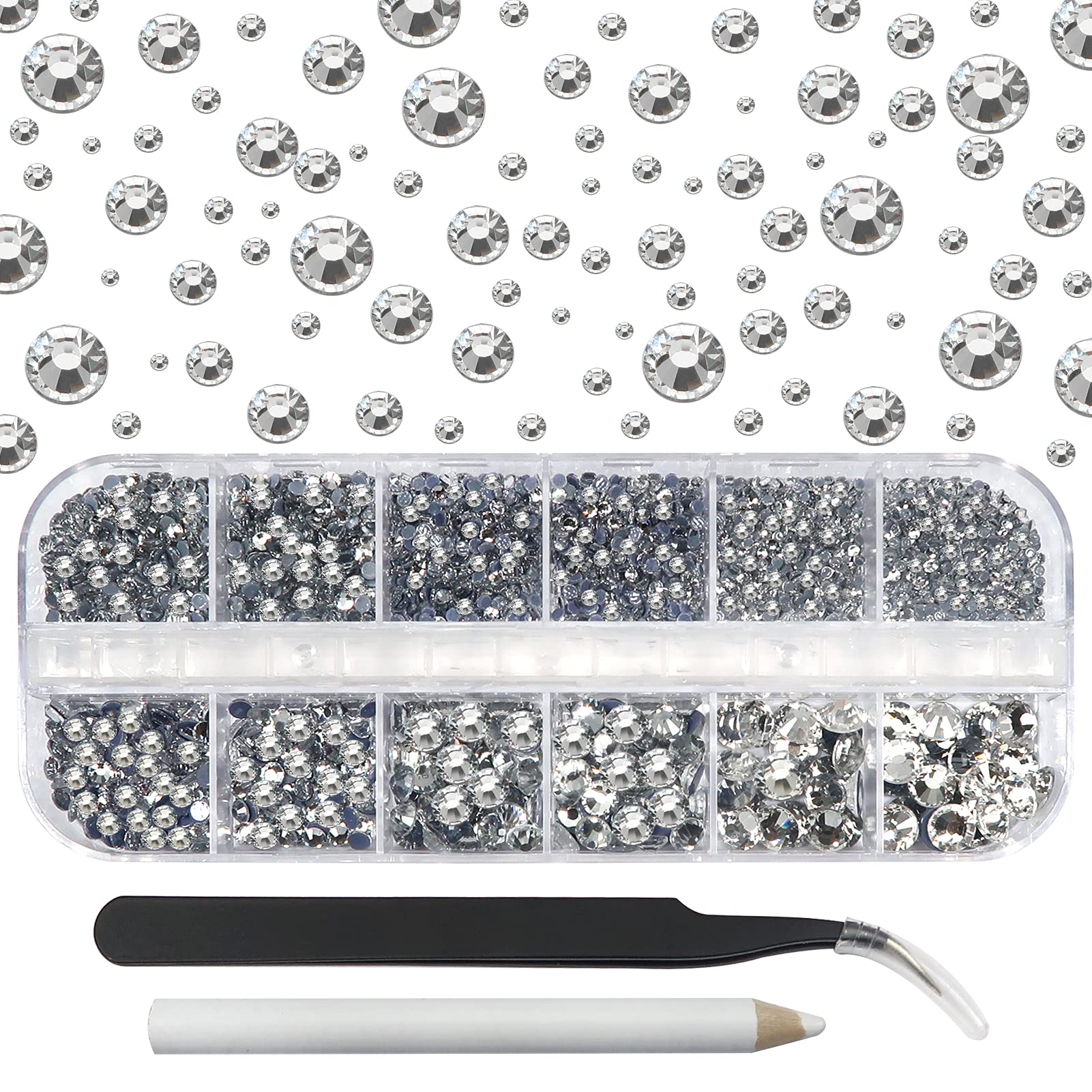 TOAOB 2730pcs Clear Hot Fix Glass Flatback Rhinestones HotFix Round Crystal Gems SS4~SS30 for Clothes Shoes Bags DIY Crafts Nail Face with Picking Tweezer and Pen
