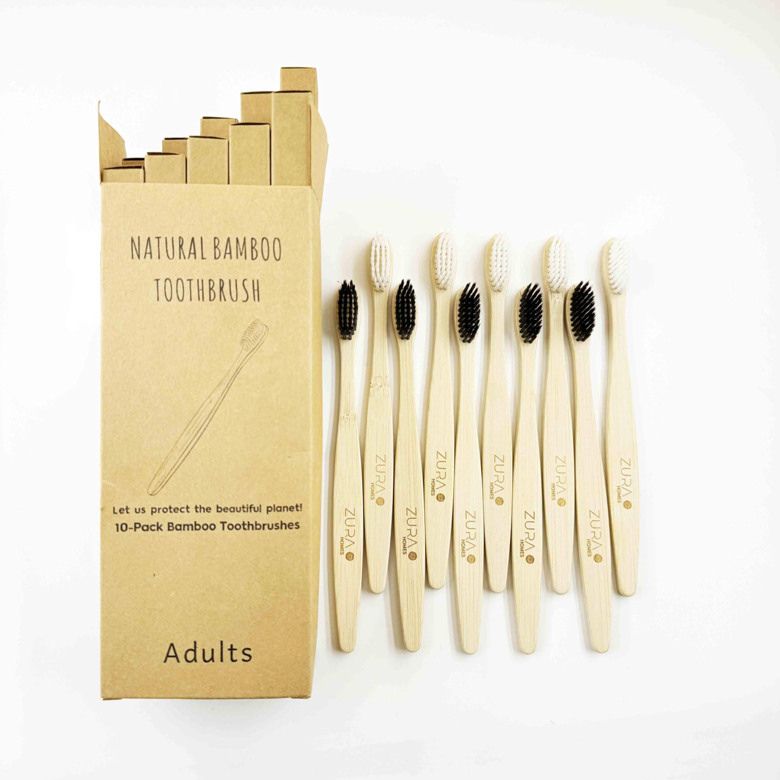 ZURA HOMES Bamboo Toothbrushes Medium Bristles - Organic Premium Wooden Toothbrush Family 10 Pack Eco Friendly Biodegradable (Multicolor, Medium)