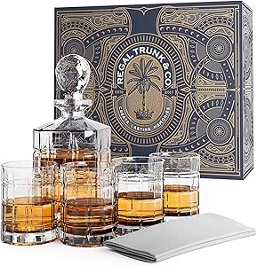 Regal Trunk &amp; Co. Whiskey Decanter Sets | 4 Square Engraved Tumblers Whisky Decanter &amp; Glass Set | Crystal Decanter Set Bourbon and Scotch | Comes In Gift Box and with Glass Polishing Cloth
