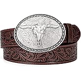 Western Leather Belt for Men Women Cowgirl Cowboy Western Longhorn Bull Buckle Belt for Jeans Christmas Gifts Belts