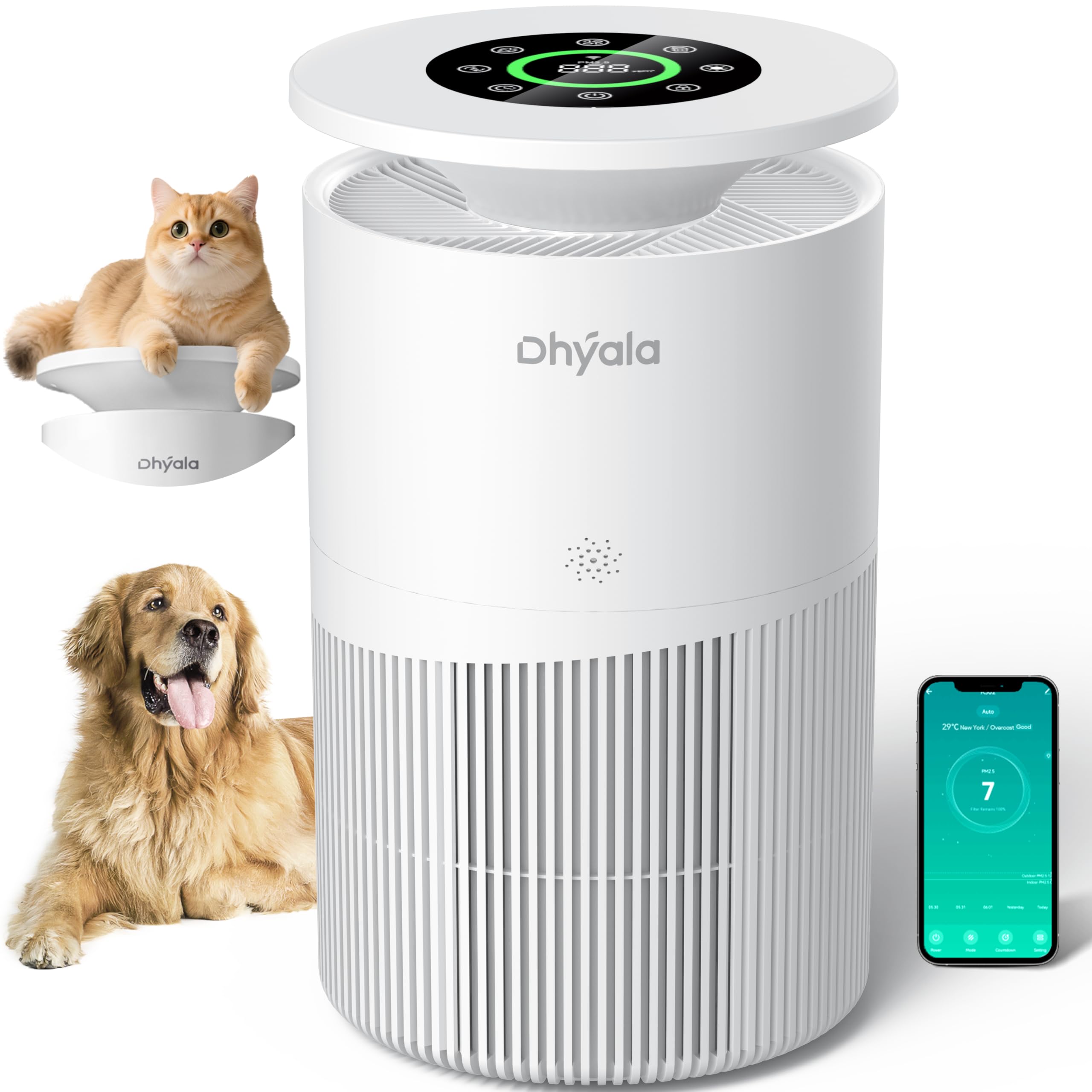 Photo 1 of Dhyala Air Purifier for Home Large Room up to 3620Ft², H13 True HEPA Air Purifiers for Home Pet Hair Dander Odor Pollen, Air Cleaner with Smart WiFi, 360° Air Intake, Auto Mode, Pet Lock, 22dB Quiet